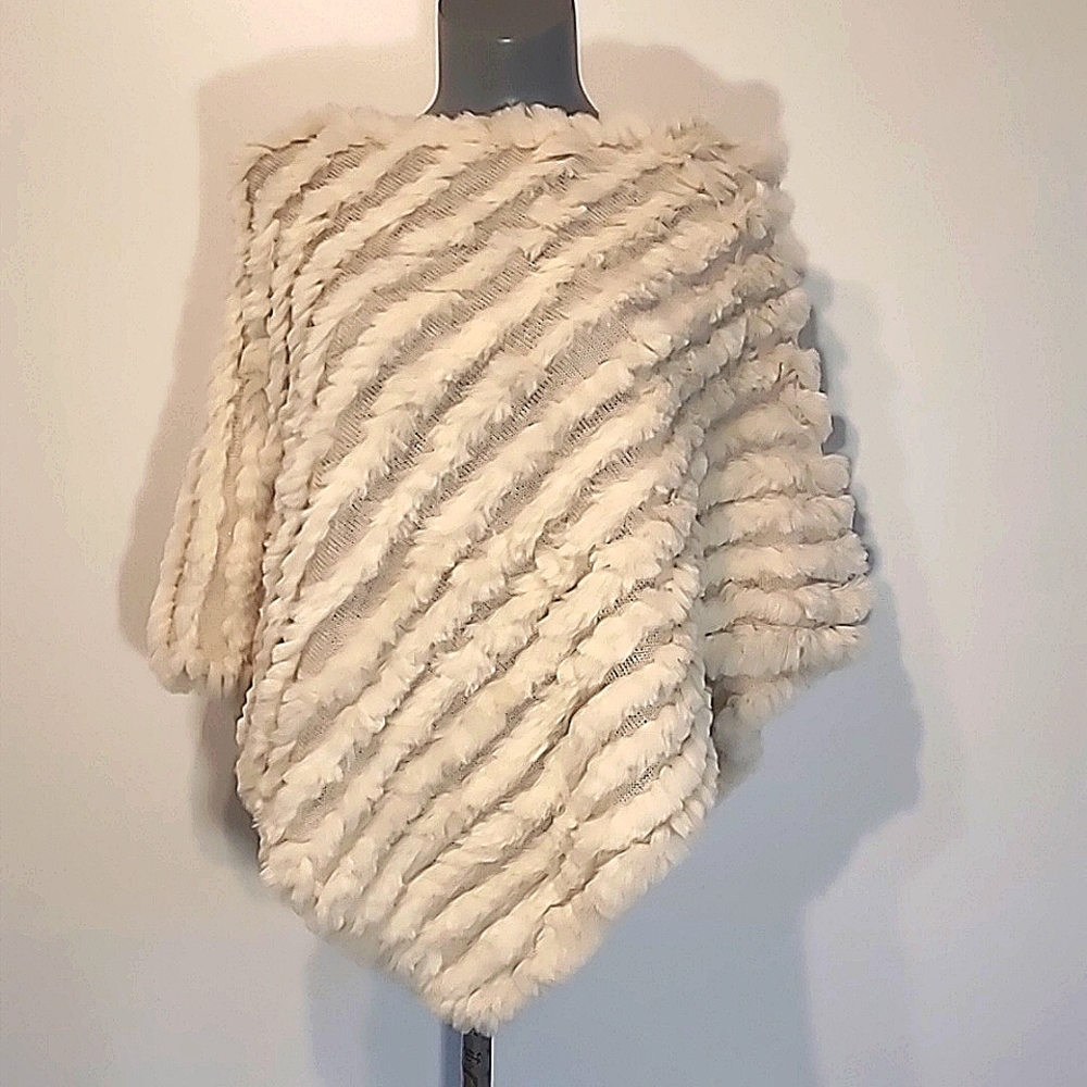 Black Rivet Rabbit Fur and Wool Poucho/Shawl